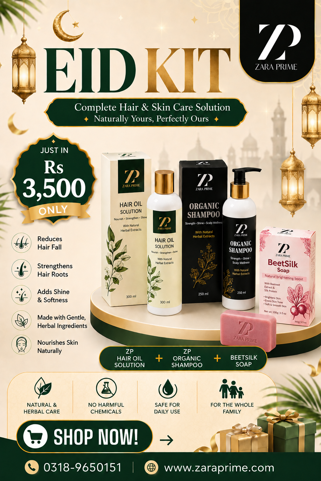 Eid Kit ZP Hair Oil Solution + Organic Shampoo + BeetSilk Soap