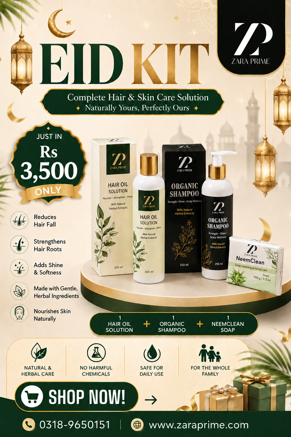 Eid Kit ZP Hair Oil Solution + Organic Shampoo + NeemClean Soap