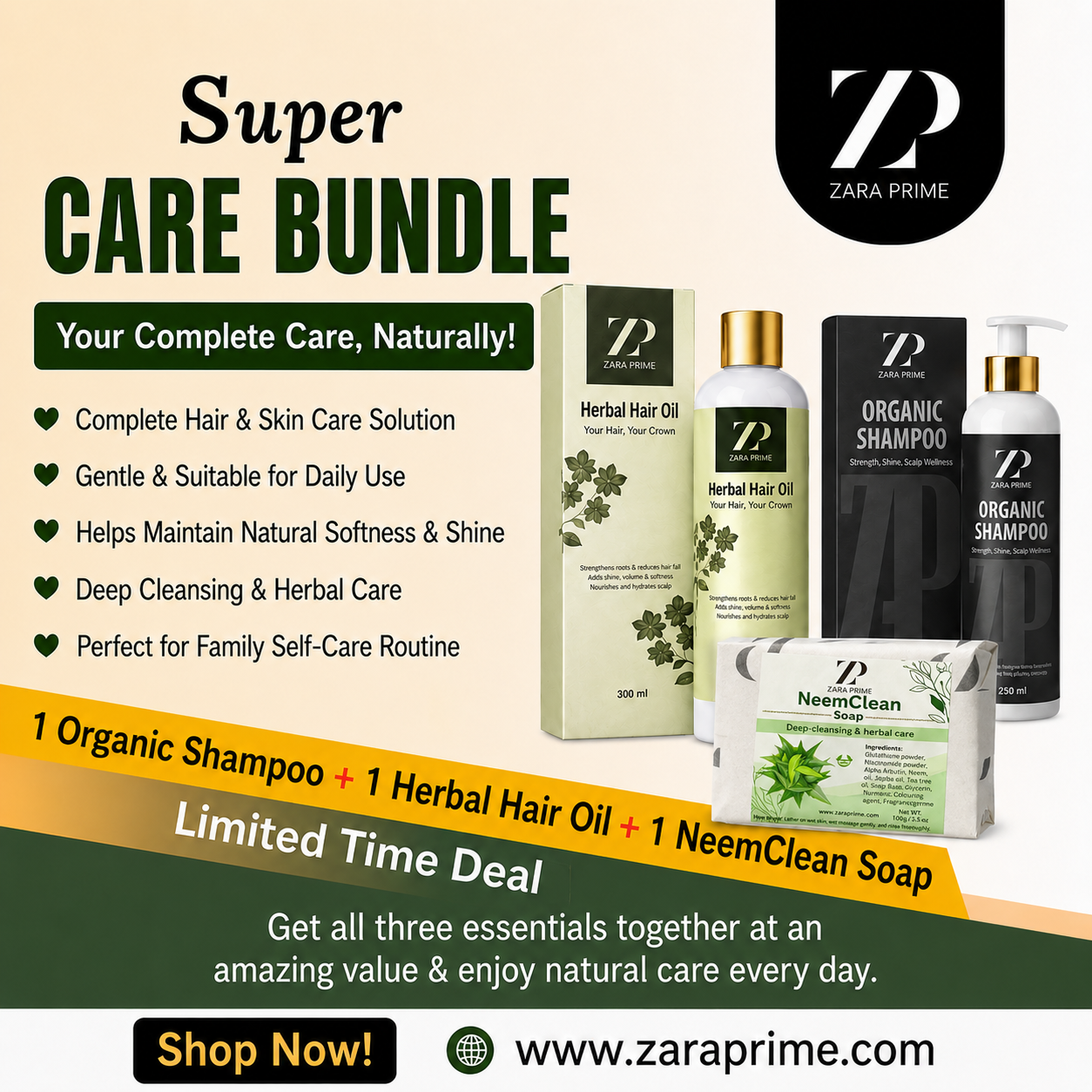 Herbal Hair Oil, Organic Shampoo & NeemClean Soap Set | Complete Hair & Skin Care Solution By 𝗭𝗔𝗥𝗔 𝗣𝗥𝗜𝗠𝗘