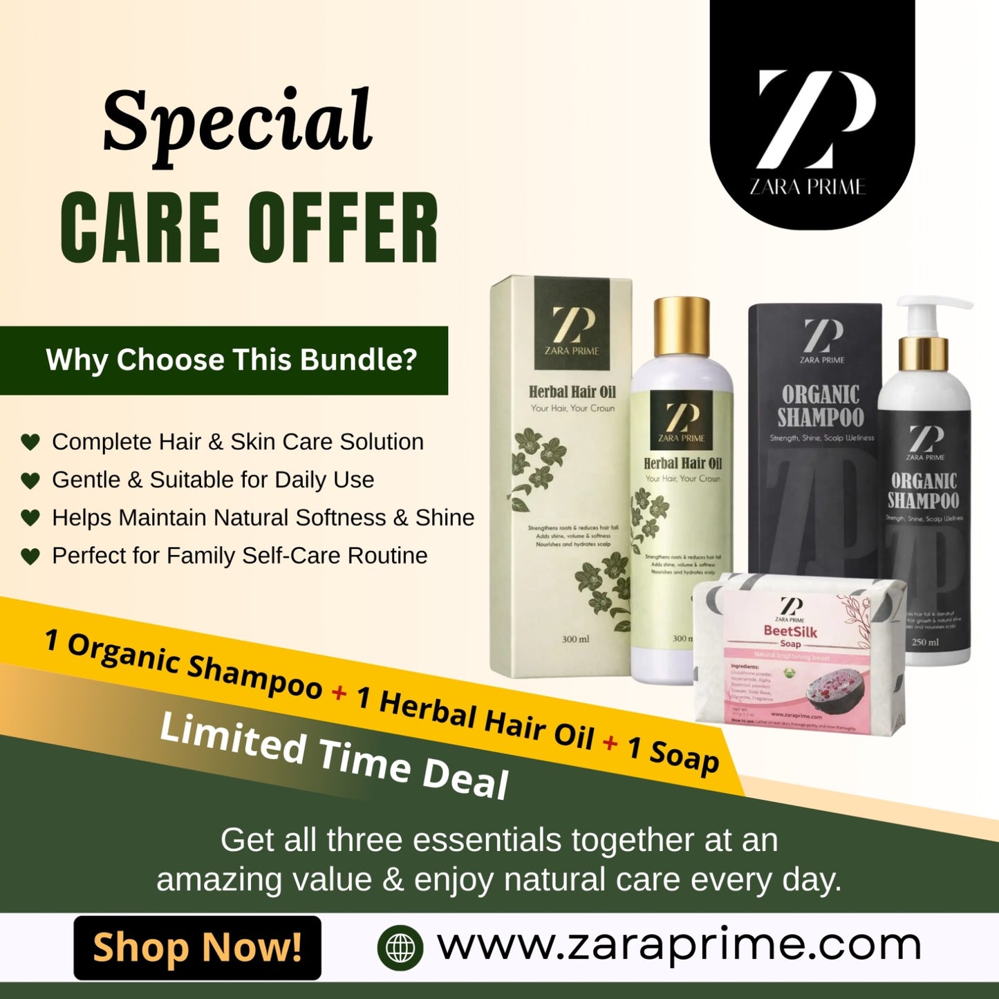 𝐒𝐩𝐞𝐜𝐢𝐚𝐥 𝐂𝐚𝐫𝐞 𝐁𝐮𝐧𝐝𝐥𝐞! Herbal Hair Oil, Organic Shampoo & BeetSilk Soap | Complete Daily Hair & Skin Care Solution By 𝗭𝗔𝗥𝗔 𝗣𝗥𝗜𝗠𝗘
